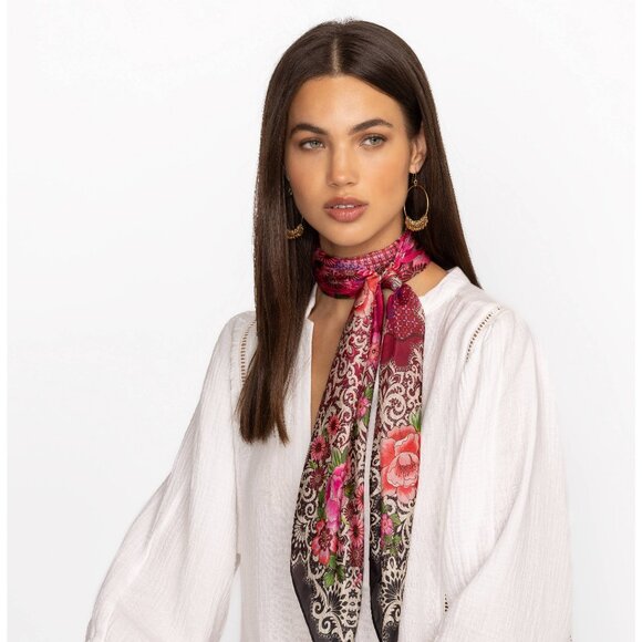 Johnny Was Pink Lace Silk Scarf Square Large Bold Floral Black Flower Tassels NW - Picture 2 of 6